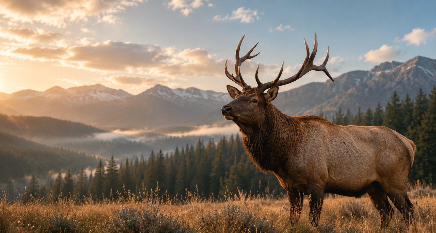 Bull elk standing in a mountain meadow