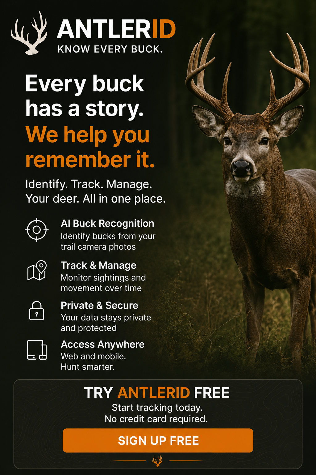 Try AntlerID free — identify, track, and manage bucks from trail camera photos